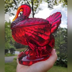 Vintage 60s LE Smith ruby red turkey amberina pressed glass lidded candy dish